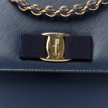 Salvatore Ferragamo Printed Calfskin Vara Bow Chain Flap Crossbody Navy 10 of 12