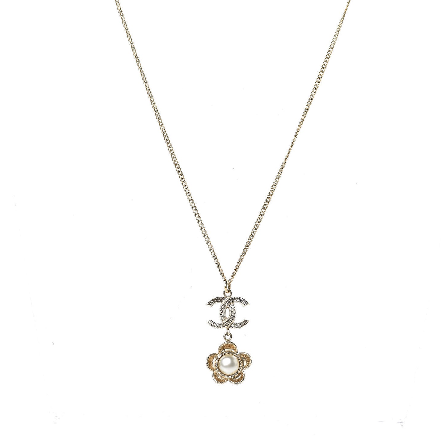 Pearl CC Camellia Pendant Necklace Gold