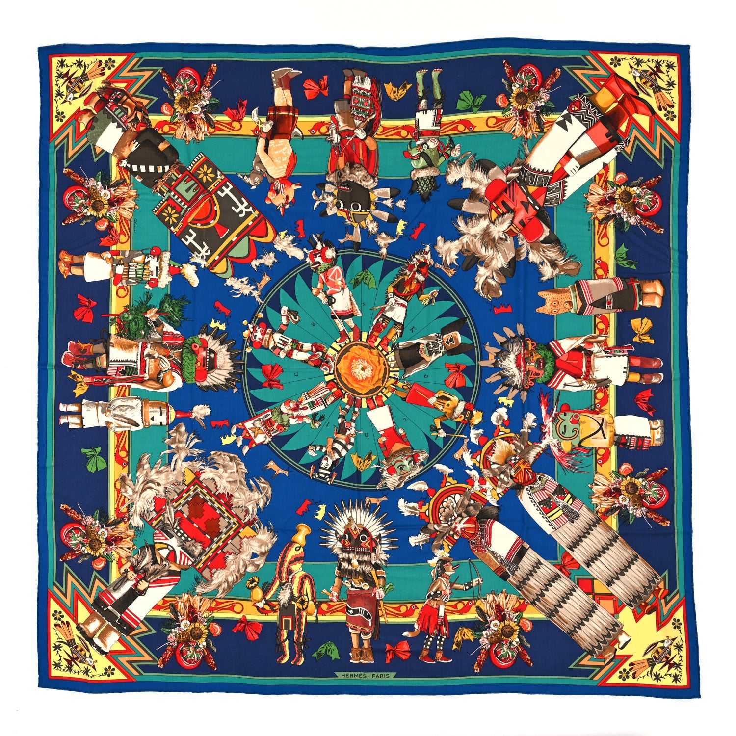 Hermes Cashmere Silk Kachinas Shawl 140 Cobalt 1 of 4