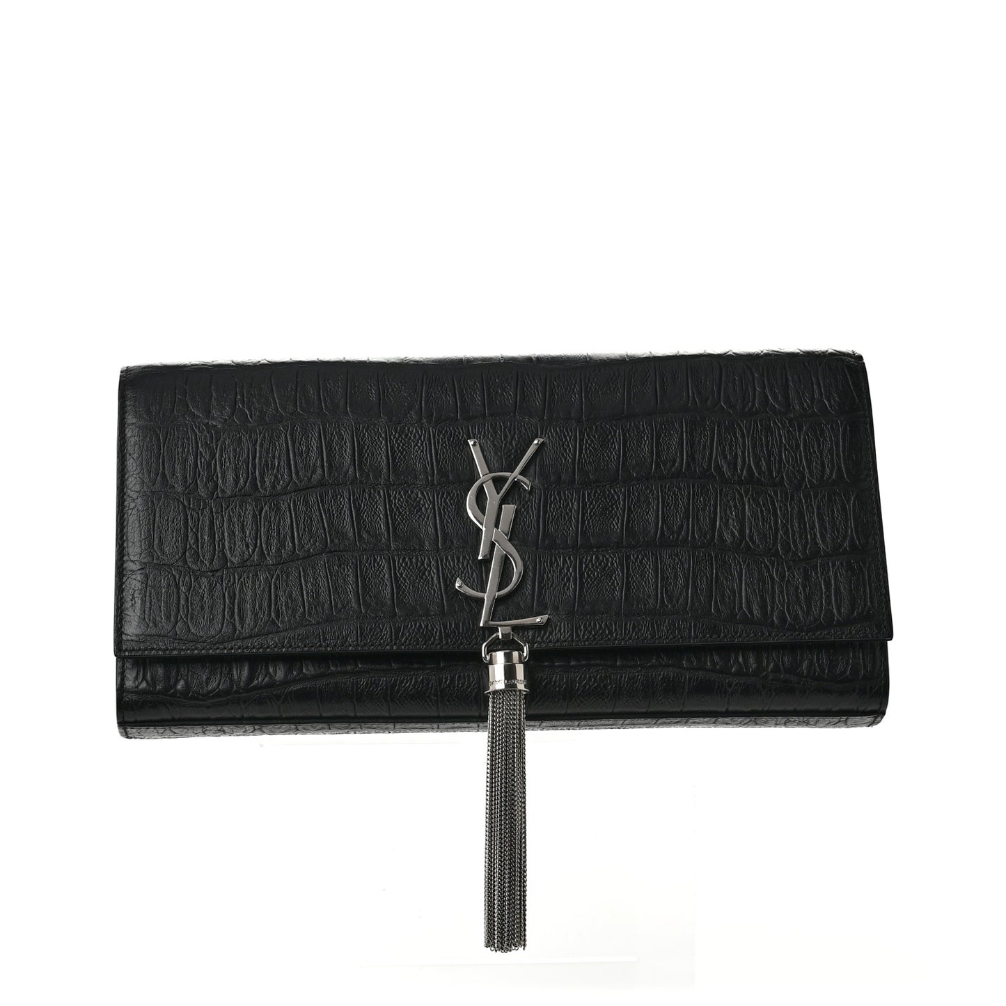 Calfskin Crocodile Embossed Classic Monogram Tassel Clutch Black