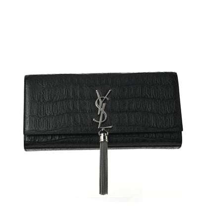 Saint Laurent Calfskin Crocodile Embossed Classic Monogram Tassel Clutch Black 1 of 9
