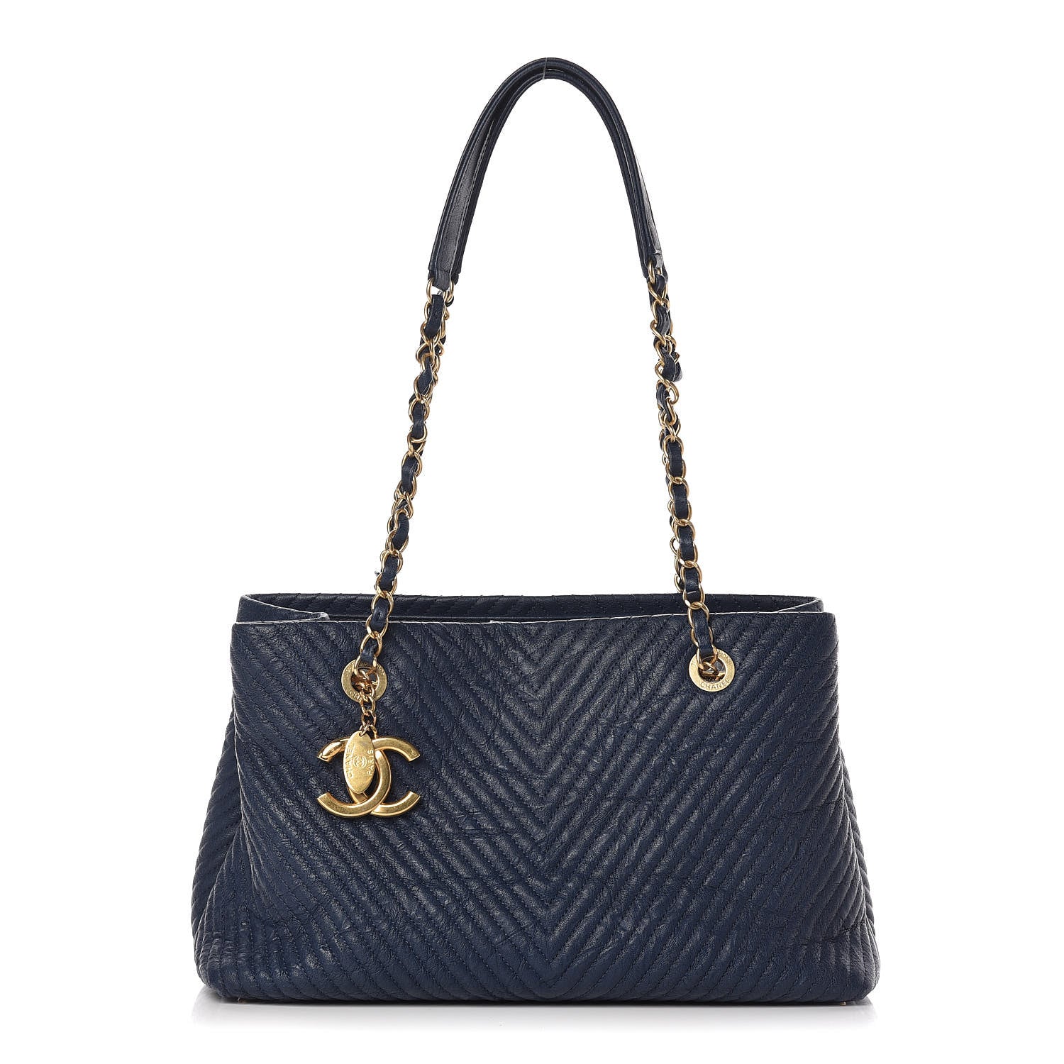 Chanel Wrinkled Lambskin Chevron Quilted Surpique Tote Navy Blue 1 of 13