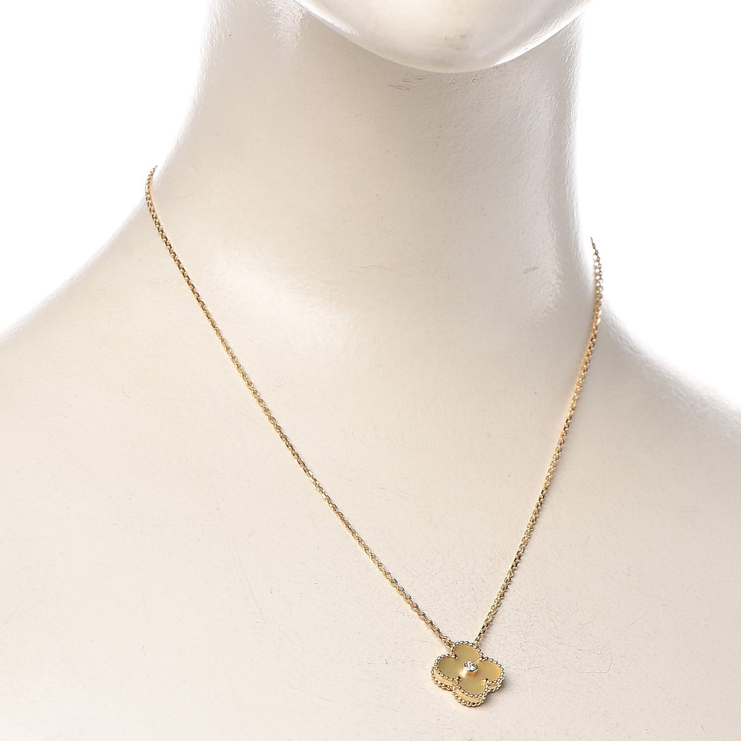 18K Yellow Gold Diamond Yellow Mother of Pearl Vintage Alhambra Pendant Necklace