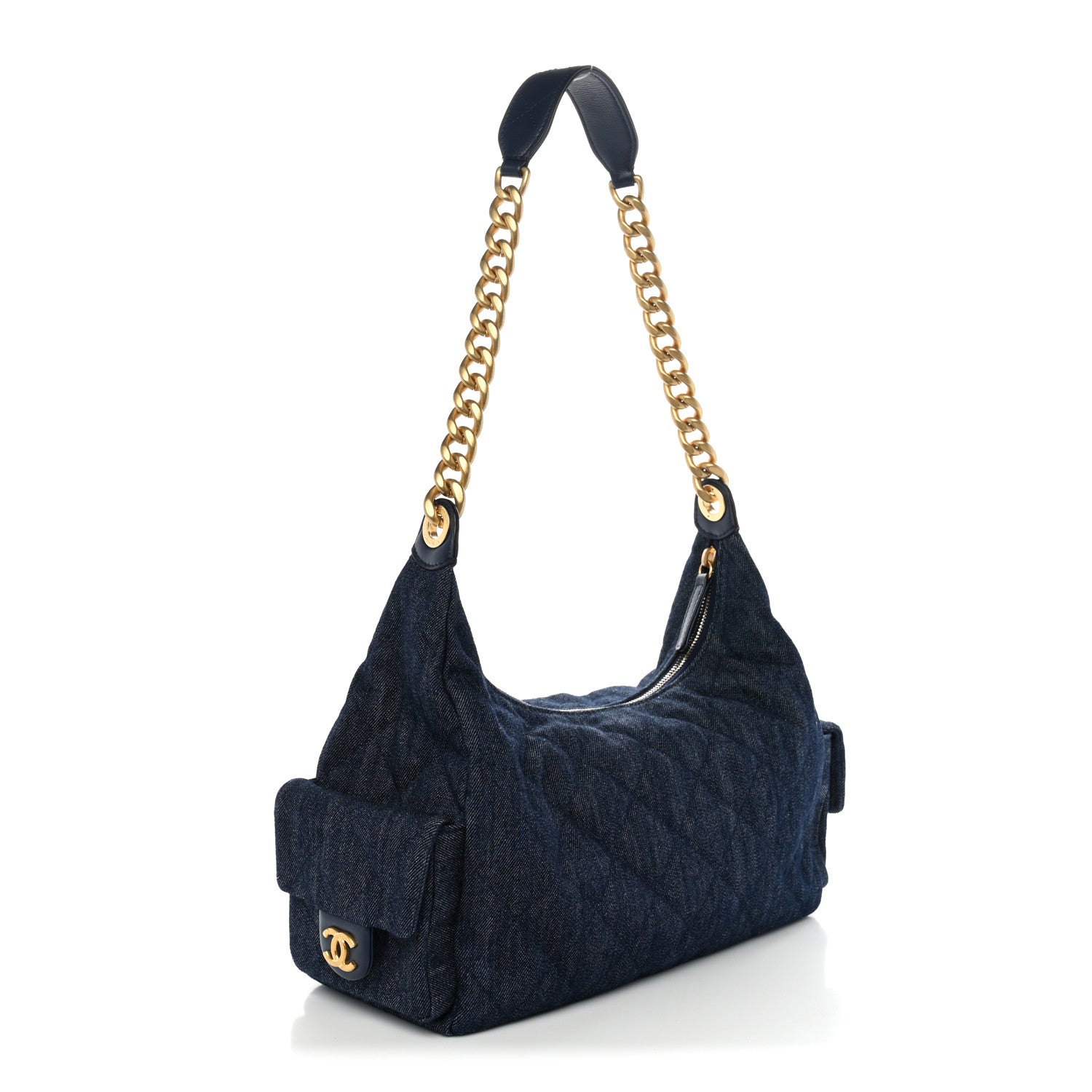 Chanel Washed Denim Quilted Maxi Trendy Pockets Hobo Dark Blue 3 of 10