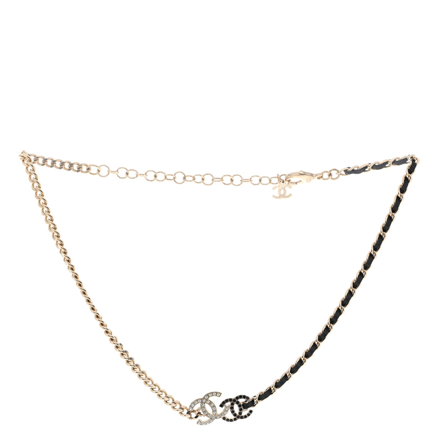 Metal Calfskin Crystal Double CC Short Necklace Black Gold