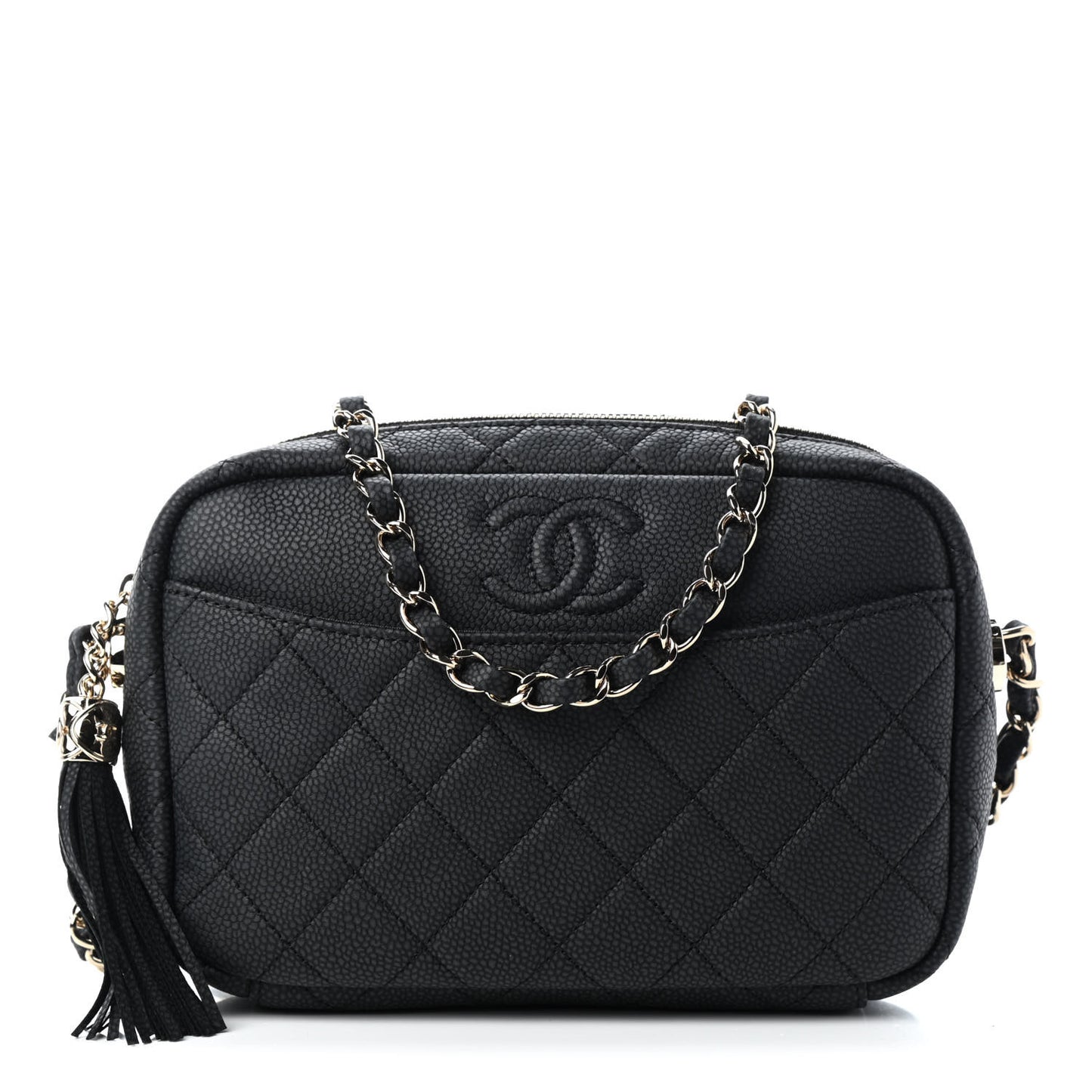 Iridescent Caviar Quilted Small Coco Tassel Camera Case Black
