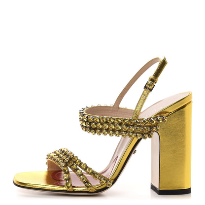 Gucci Nappa Silk Crystal Bertie High Heel Sandals 36 Gold 1 of 9
