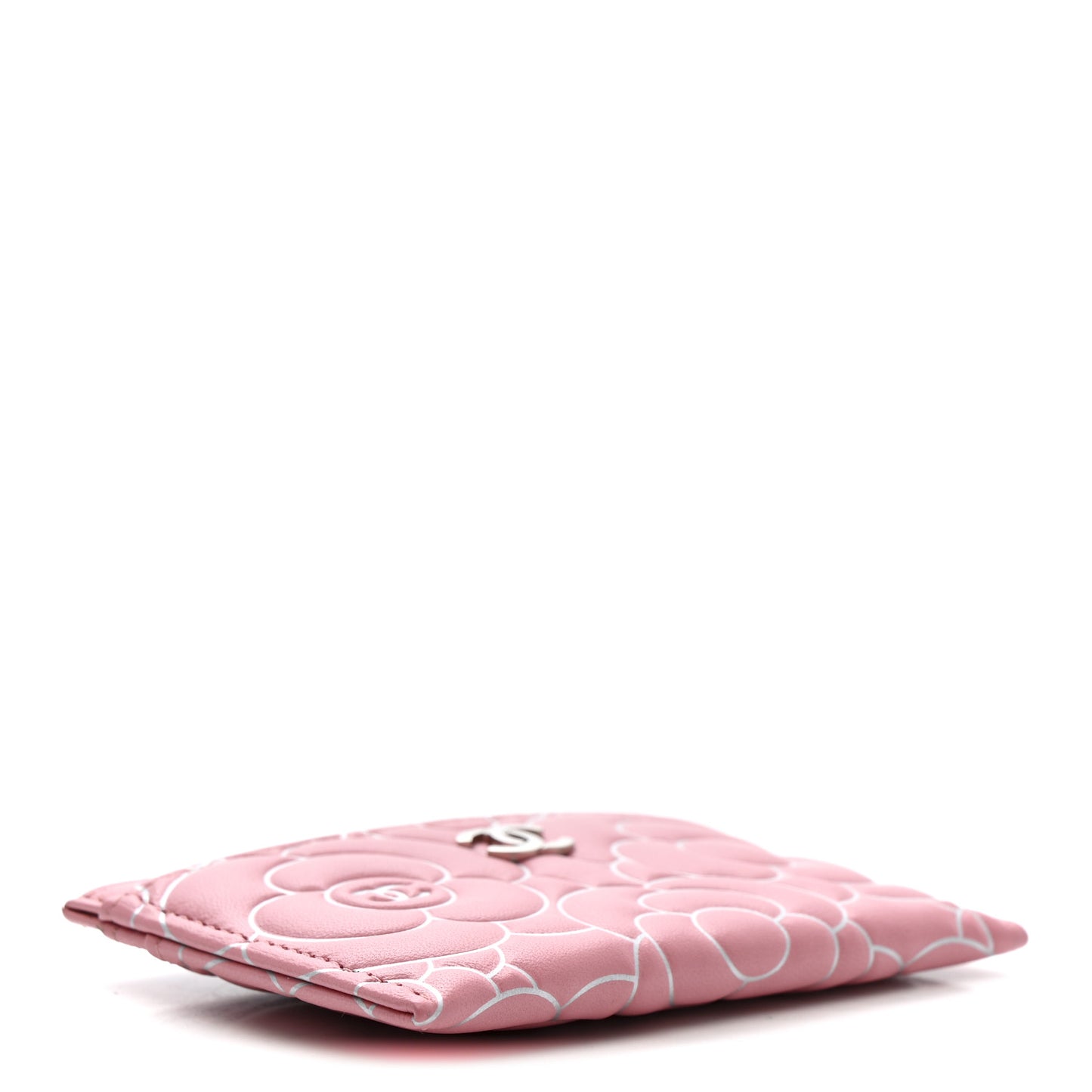 Lambskin Camellia Embossed Card Holder Pink Silver