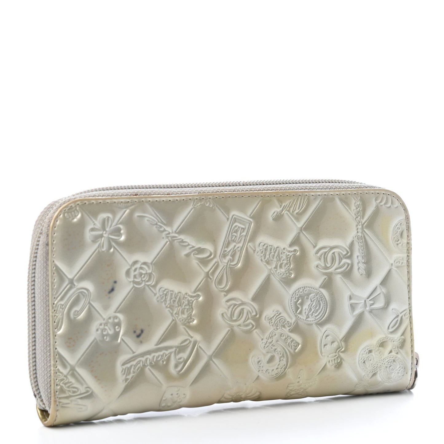 Patent Calfskin Lucky Symbols Zip Around Wallet Silver