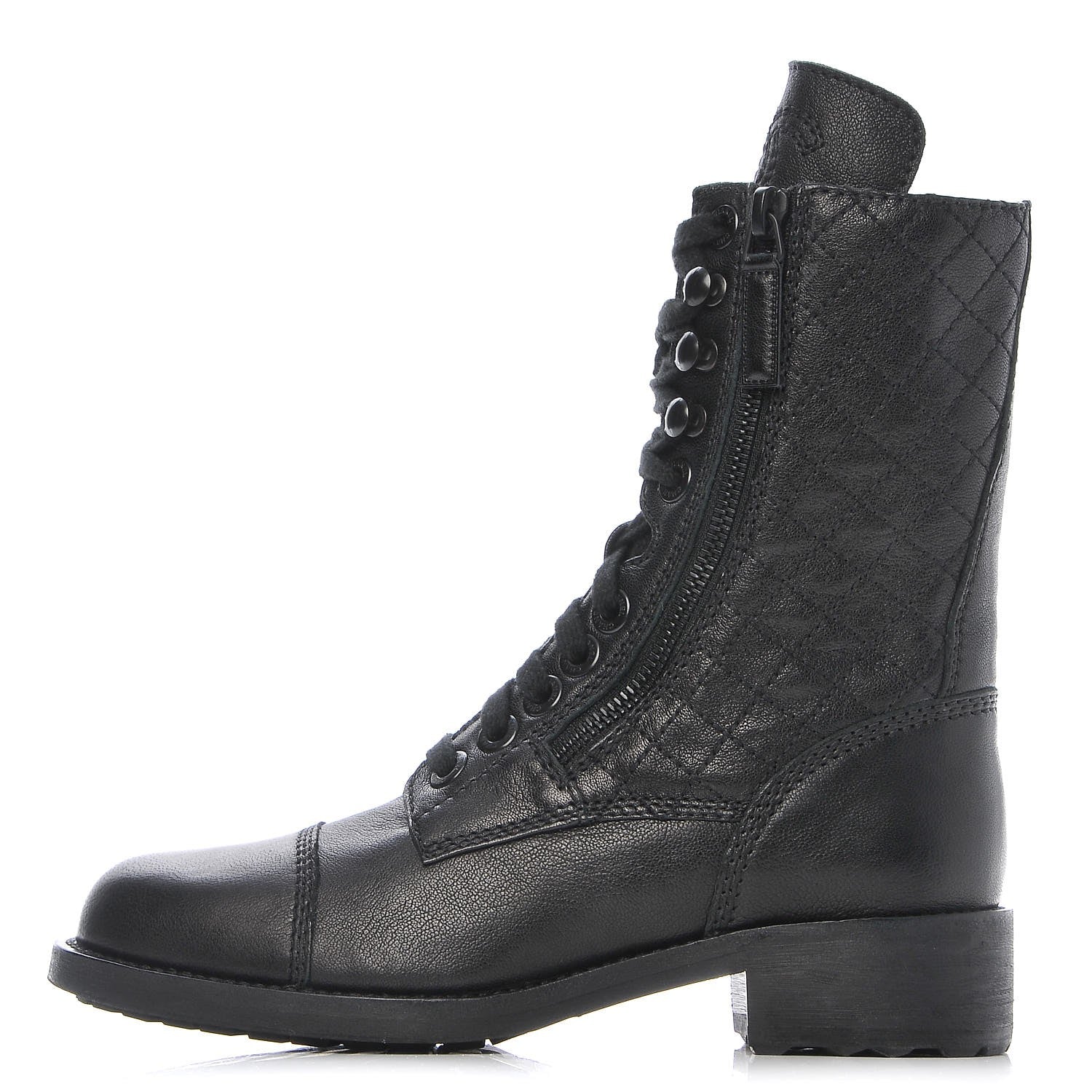 Chanel Sheepskin Quilted CC Tall Lace Up Combat Boots 35.5 Black 1 of 9
