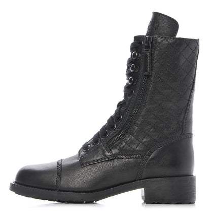 Chanel Sheepskin Quilted CC Tall Lace Up Combat Boots 35.5 Black 1 of 9