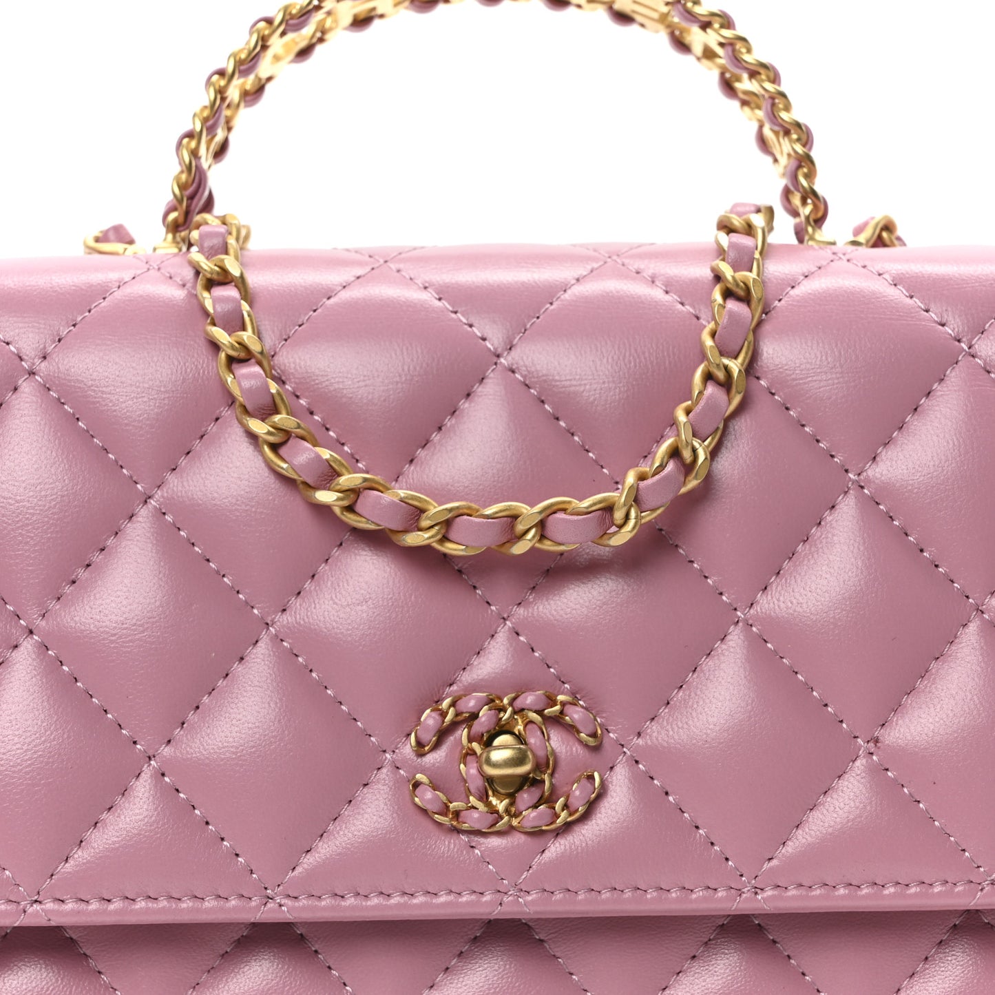 Lambskin Quilted Strass On Top Wallet On Chain Pink