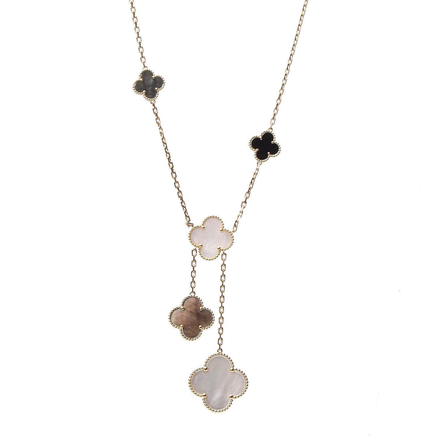 18K Yellow Gold Mother of Pearl Onyx 6 Motifs Magic Alhambra Necklace