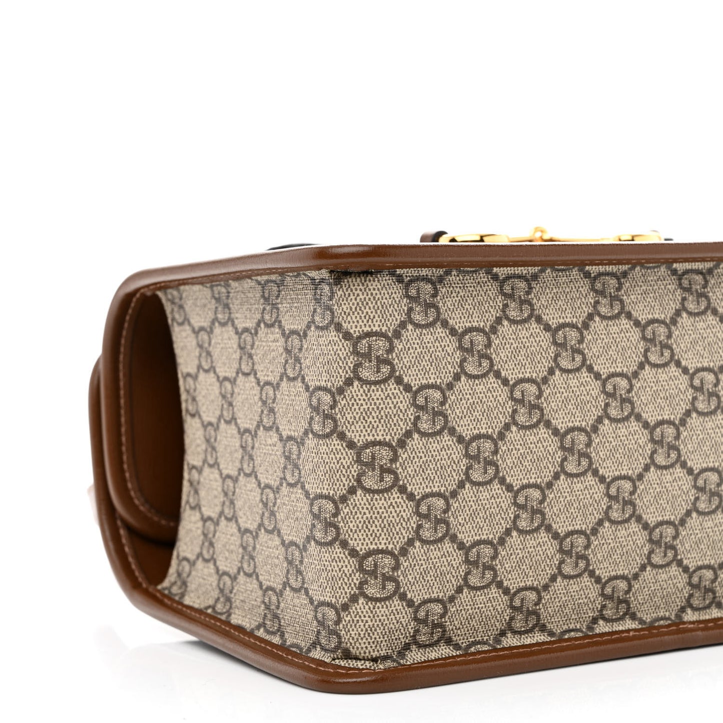 GG Supreme Monogram Azalea Calfskin Mini Horsebit 1955 Foldover Top Handle Bag Beige Ebony Brown Sugar