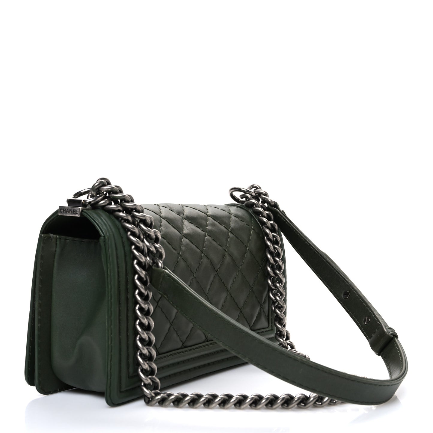 Calfskin Quilted Double Stitch Medium Boy Flap Green