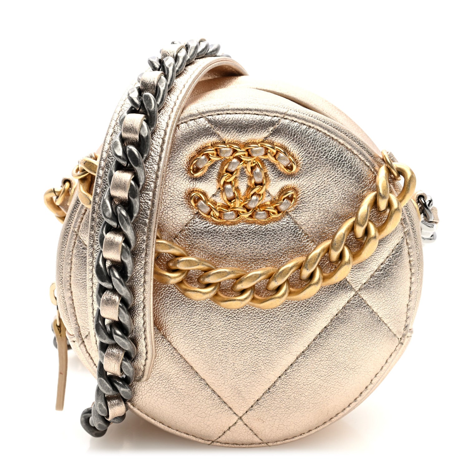 Chanel Metallic Lambskin Quilted Chanel 19 Round Clutch With Chain Gold 1 of 11