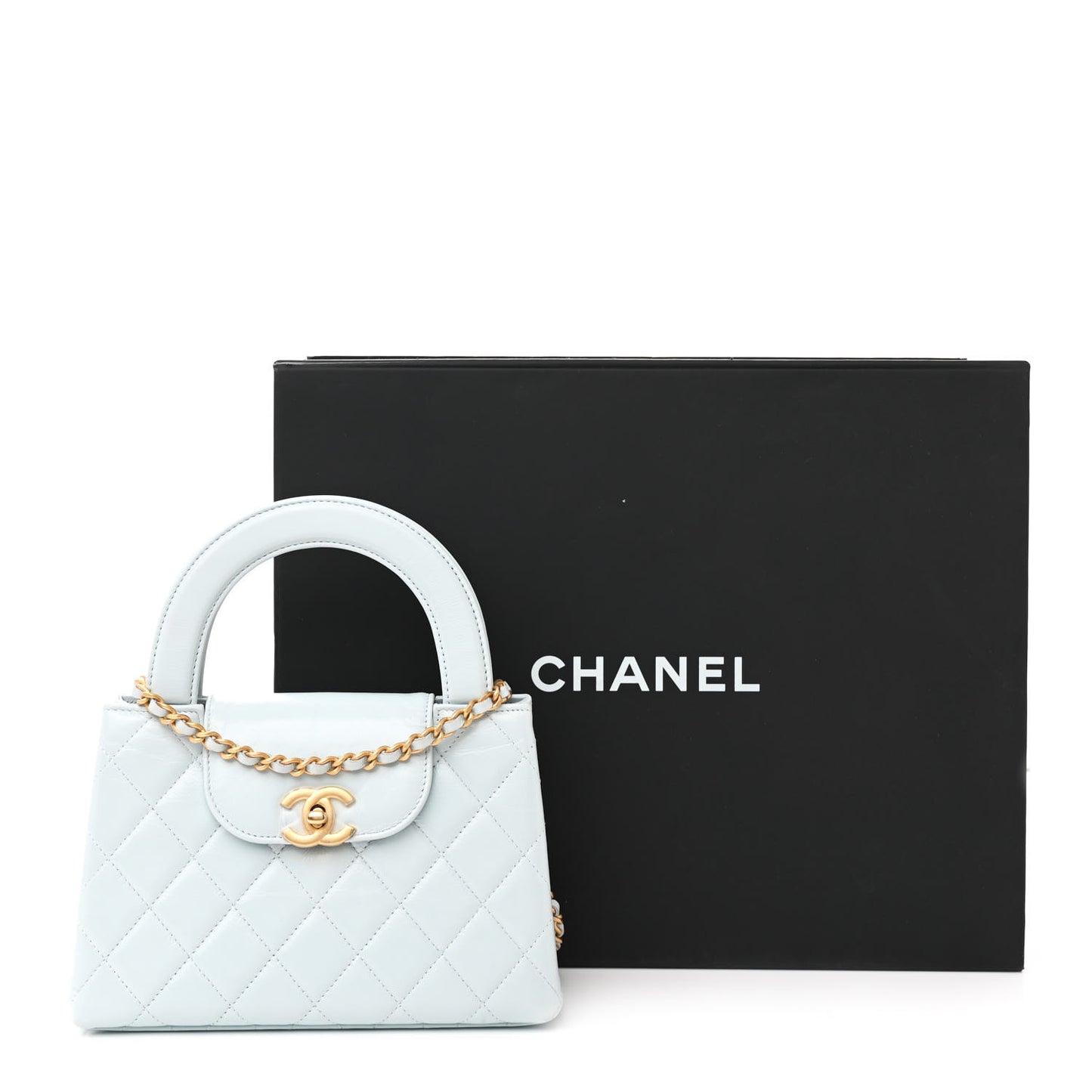 Shiny Aged Calfskin Quilted Nano Kelly Shopper Light Blue