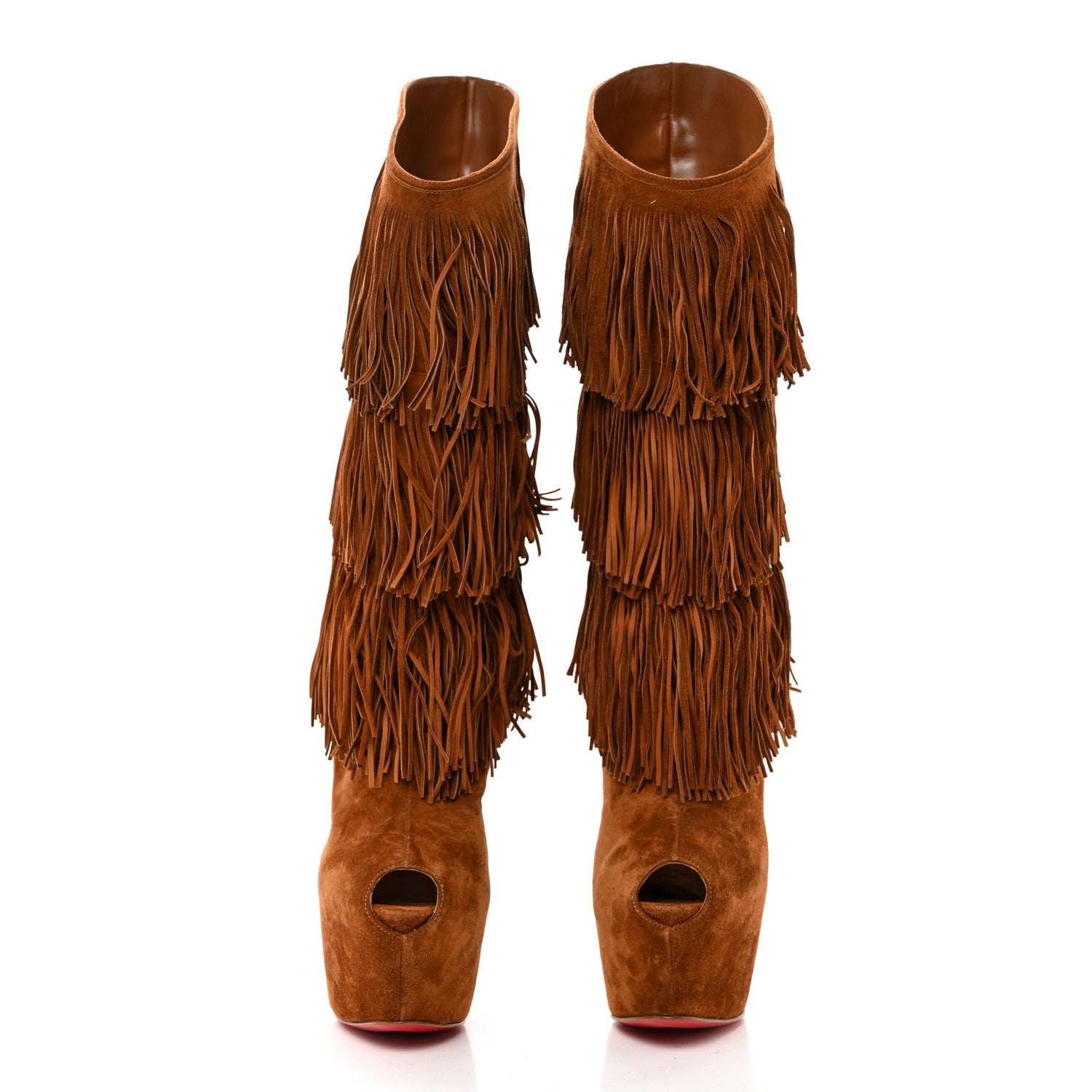 Christian Louboutin Suede Highness Tina Fringe Platform Peep Toe Boots 37.5 Brown 2 of 8