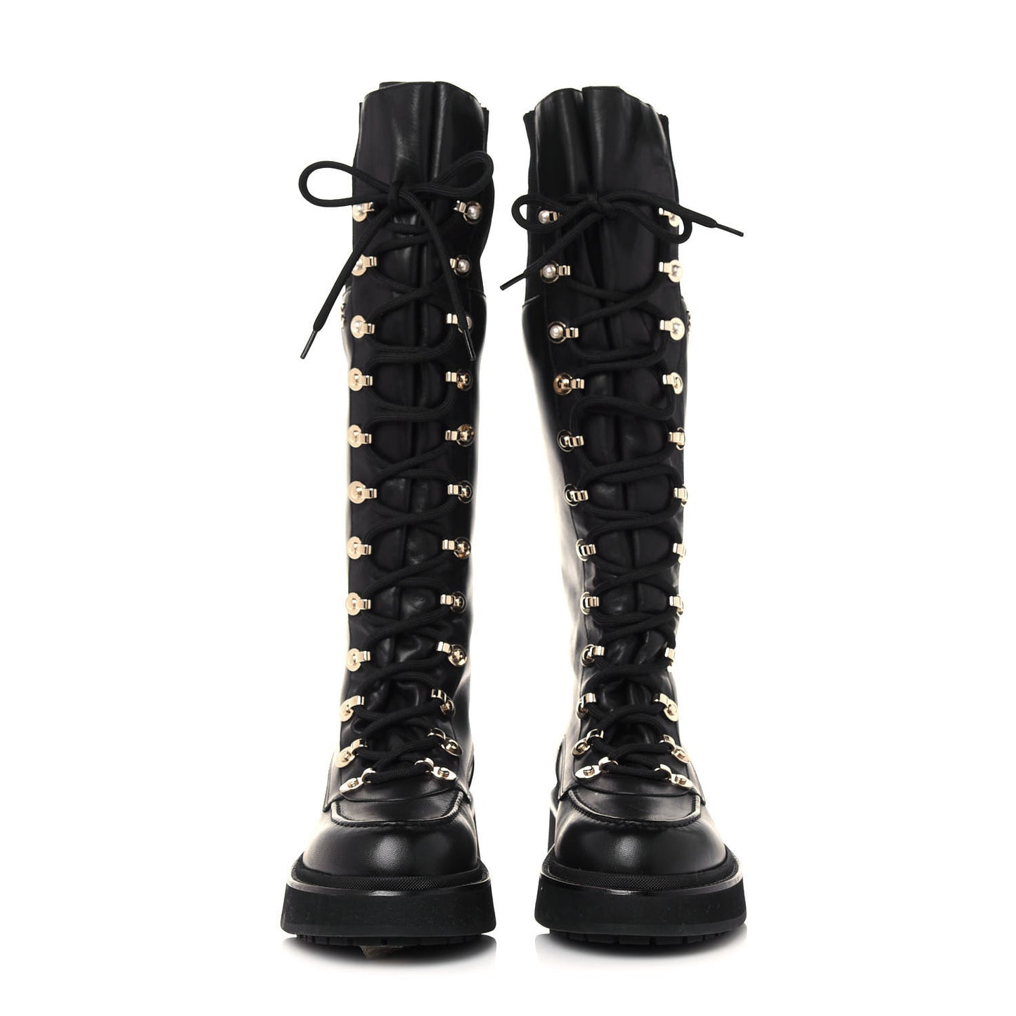 Calfskin Knit Lace Up Combat Boots 38 Black