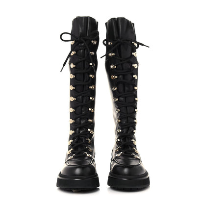Chanel Calfskin Knit Lace Up Combat Boots 38 Black 2 of 8