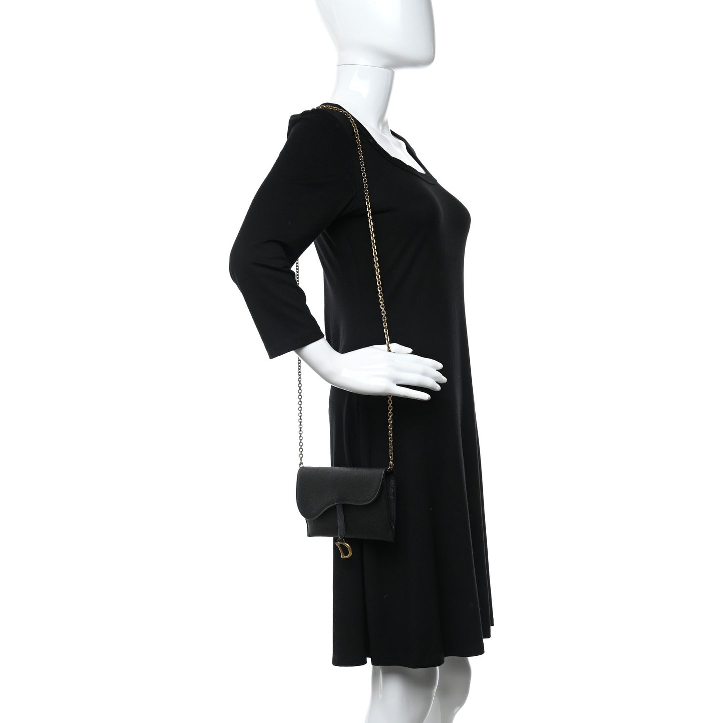 Grained Calfskin Saddle Chain Wallet Pouch Black