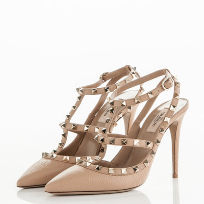 Valentino Garavani Pebbled Calfskin Rockstud Ankle Strap 100mm Pumps 40 Camel Rose 3 of 8