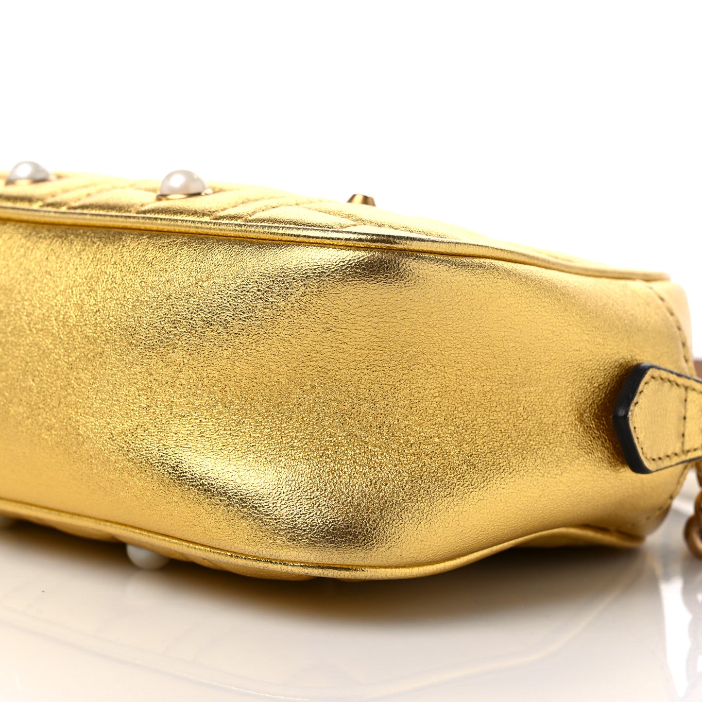 Metallic Calfskin Matelasse Studded Small Pearly GG Marmont Chain Shoulder Bag Gold