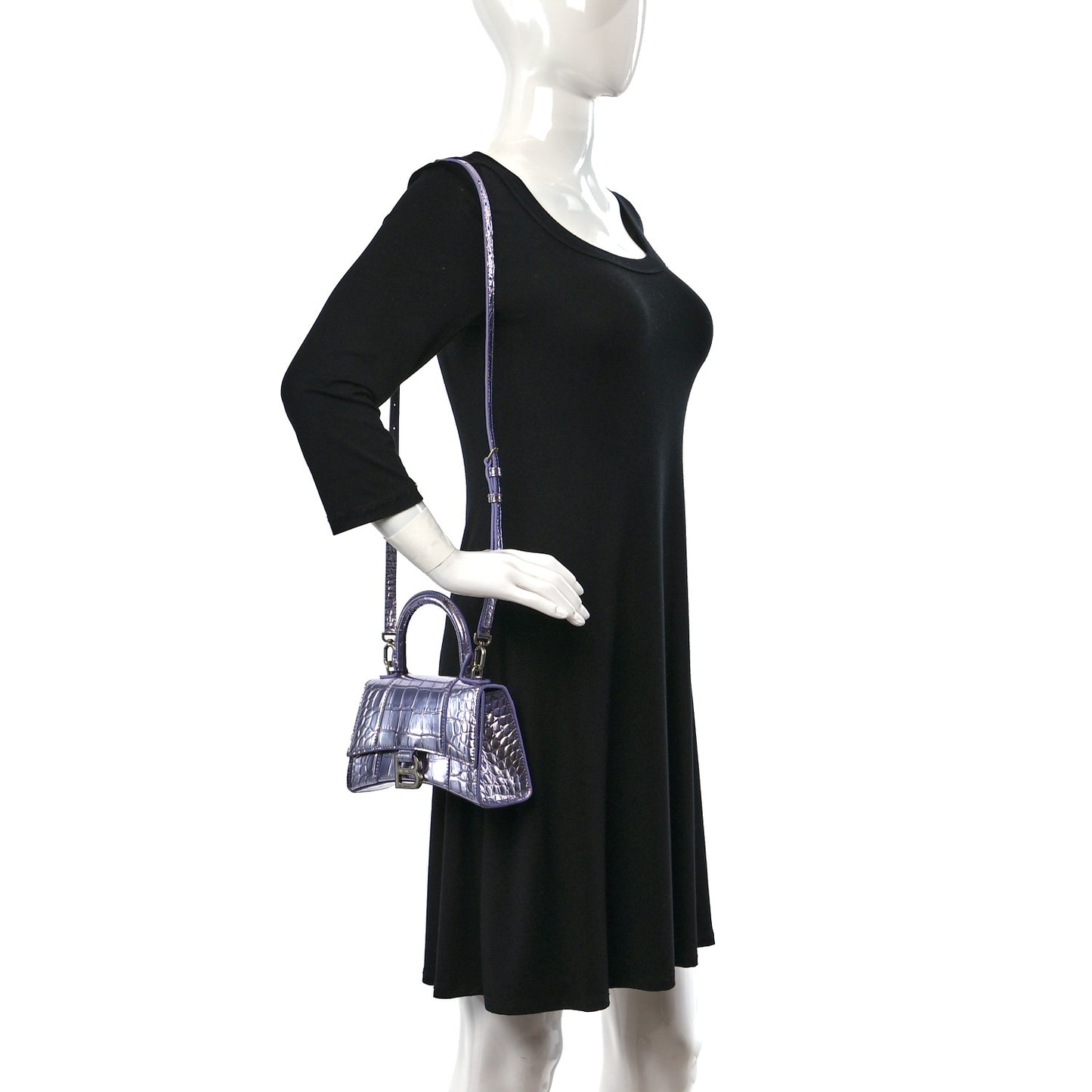 Metallic Calfskin Crocodile Embossed Hourglass Top Handle Bag XS Lilac