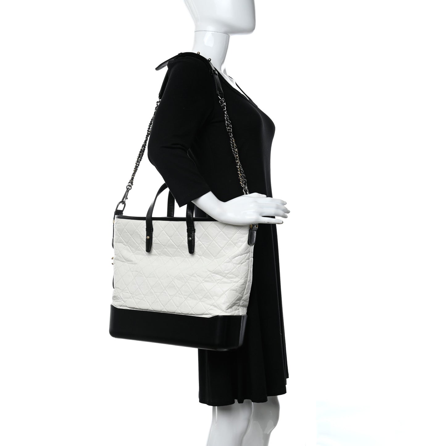 Aged Calfskin Quilted Large Gabrielle Shopping Tote White Black