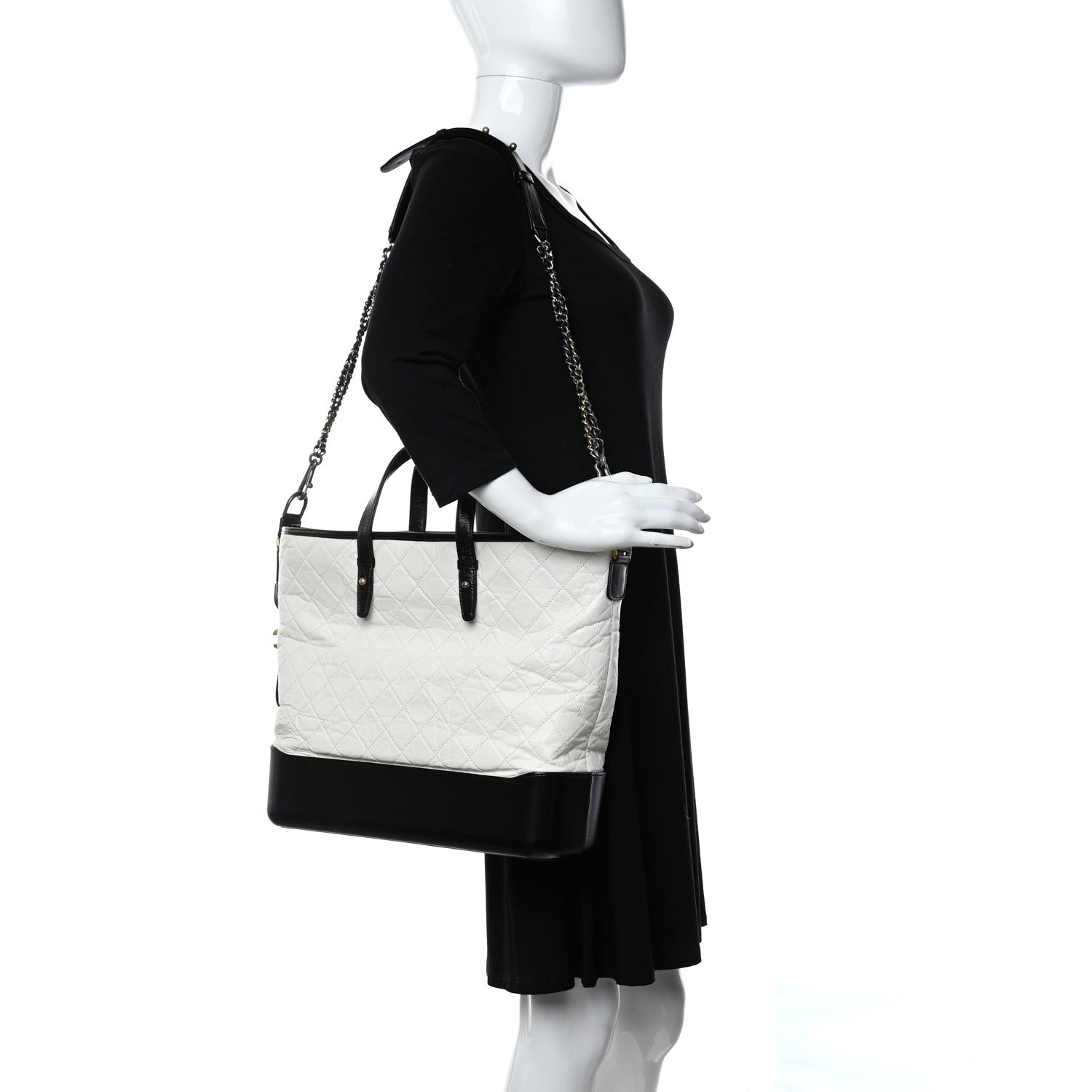 Chanel Aged Calfskin Quilted Large Gabrielle Shopping Tote White Black 2 of 9