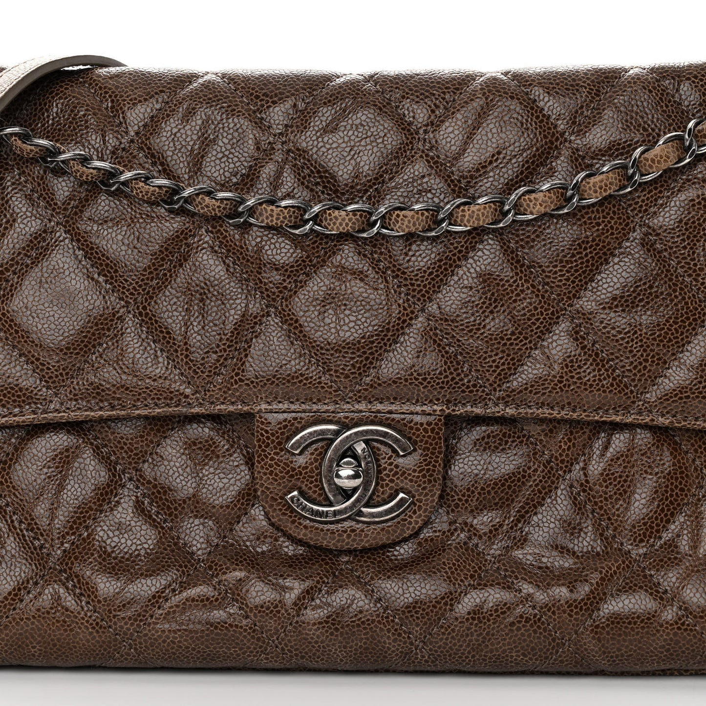 Crumpled Grained Calfskin Jumbo CC Crave Flap Brown