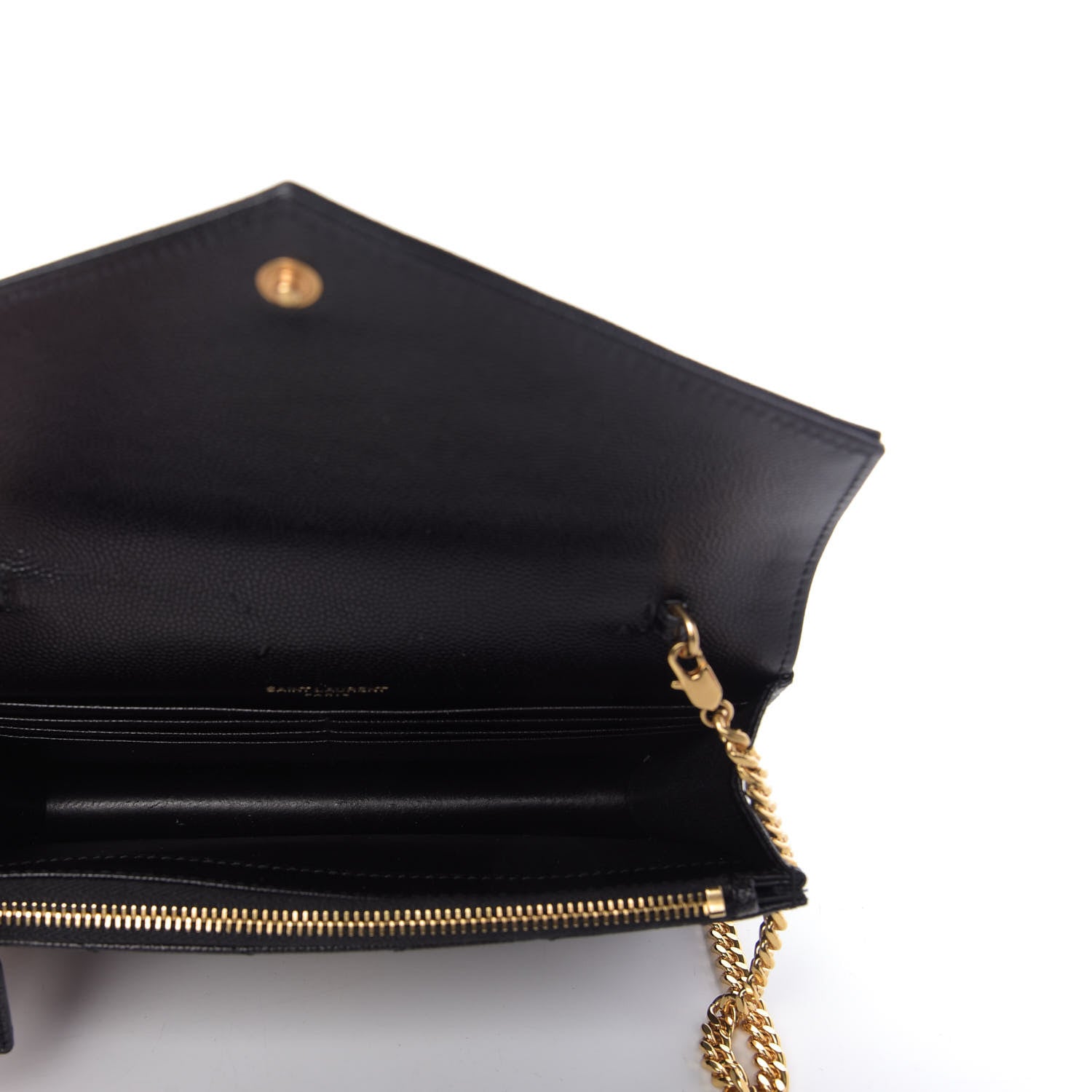 Saint Laurent Grain De Poudre Matelasse Chevron Monogram Envelope Chain Wallet Black 5 of 9