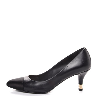 Chanel Lambskin Satin CC Cap Toe Kitten Heel Pumps 34.5 Black 1 of 12
