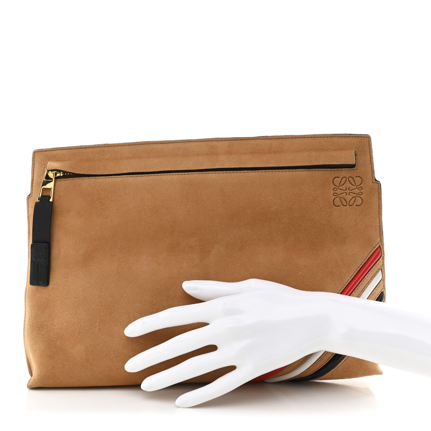 Loewe Suede Striped Large T Pouch Carmel 2 of 9