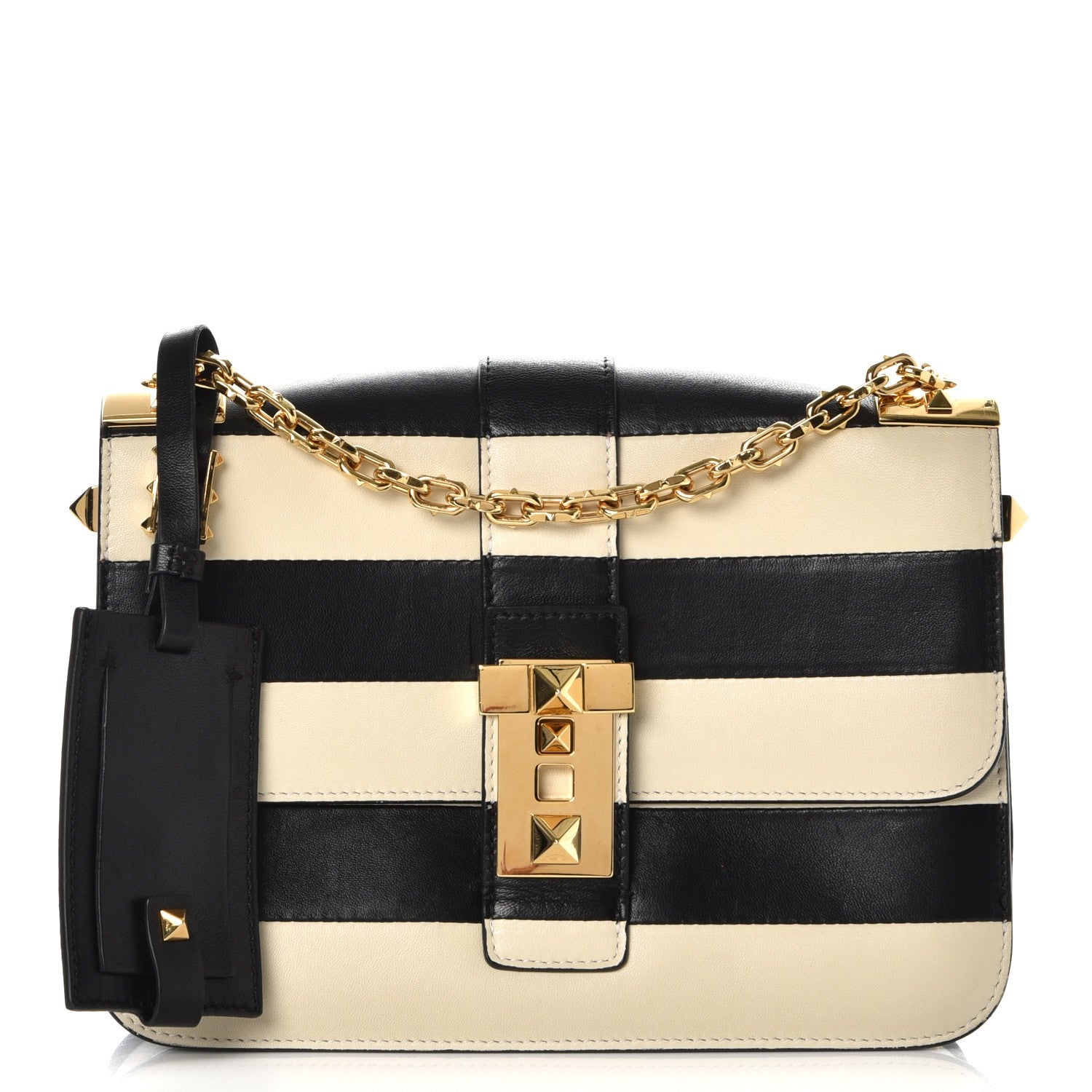 Valentino Garavani Nappa Striped B-Rockstud Flap Black Light Ivory 1 of 9