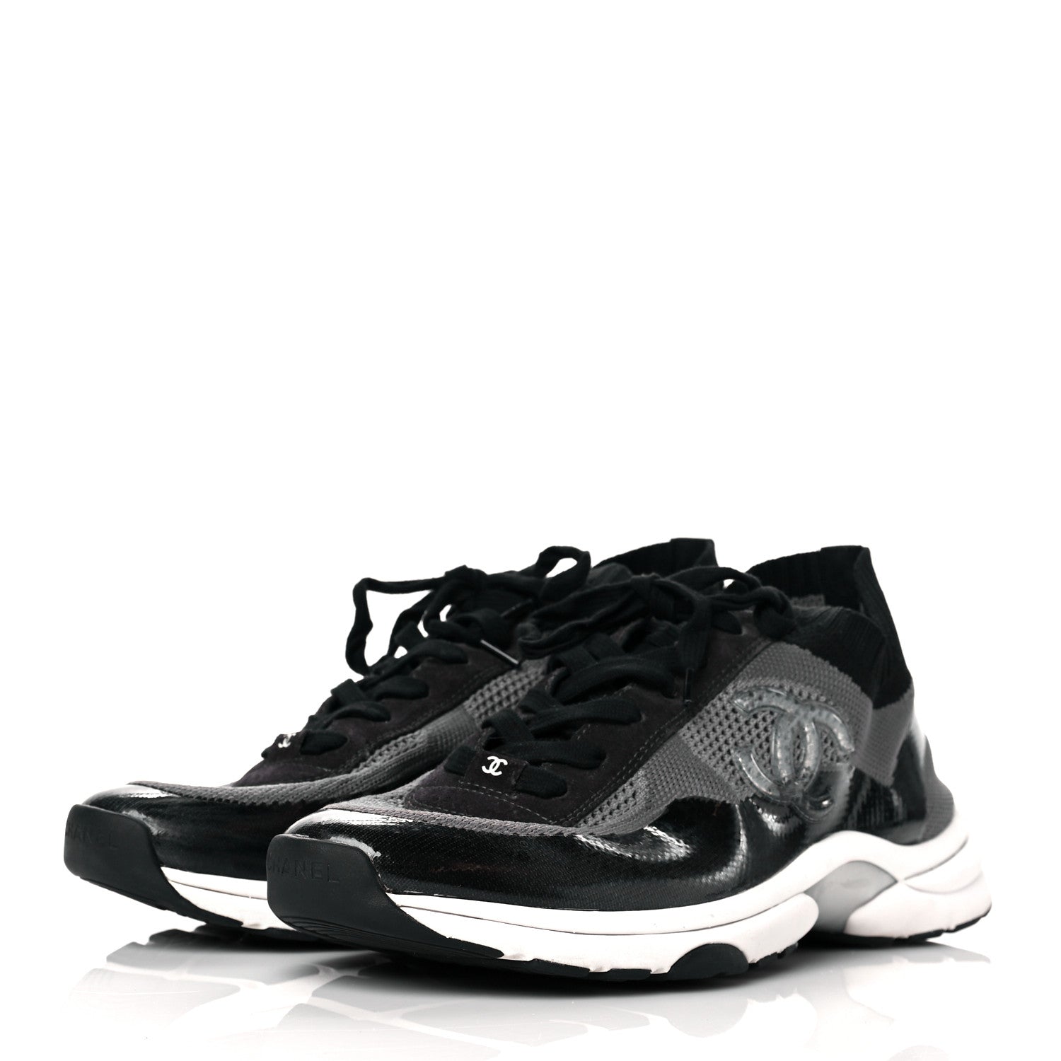 Chanel Fabric Calfskin Suede Mens CC Sneakers 45 Black Grey 3 of 8
