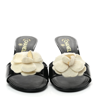 Chanel Patent Leather Camellia Mules 39 Black Ivory 2 of 7