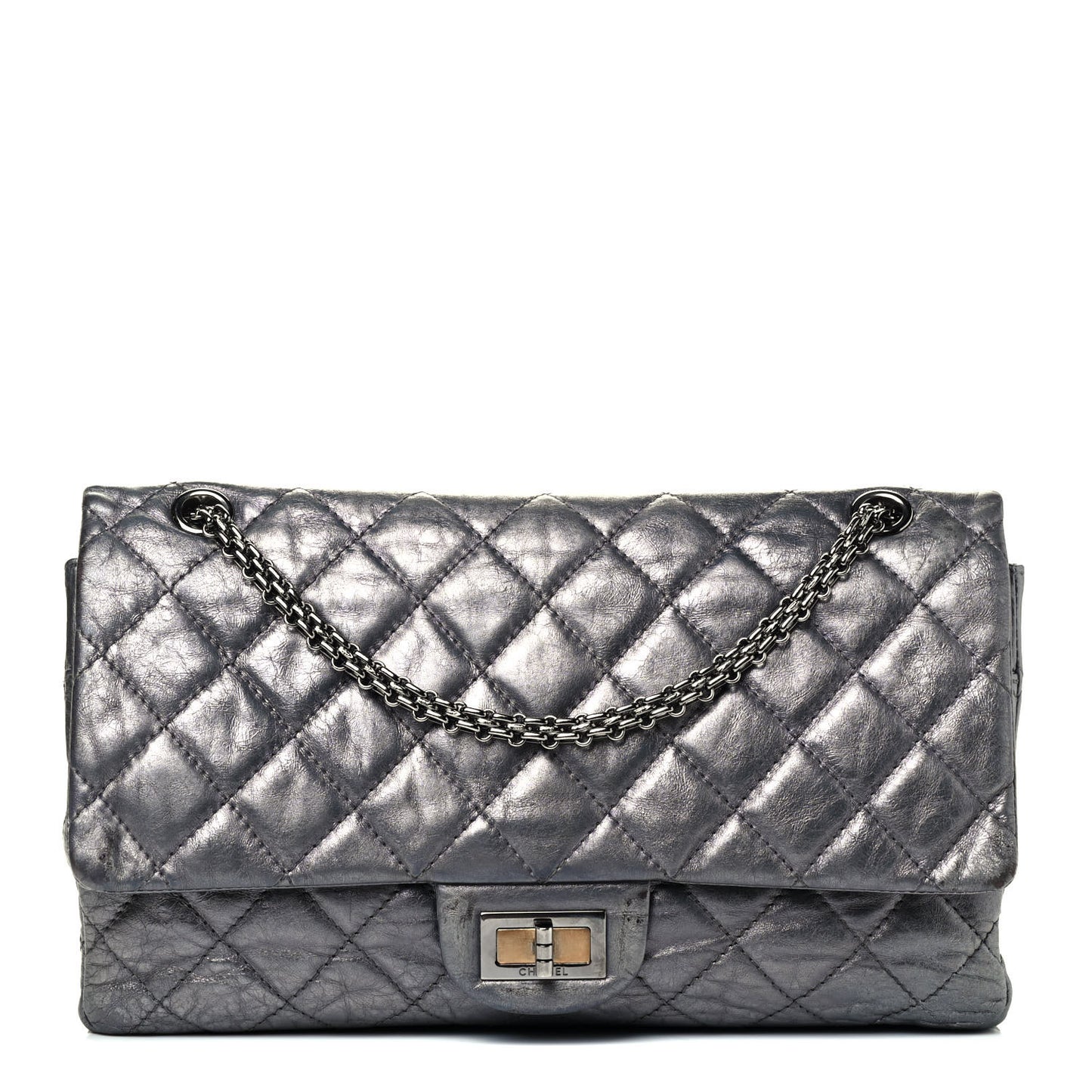Metallic Aged Calfskin Quilted 2.55 Reissue 227 Flap Dark Silver