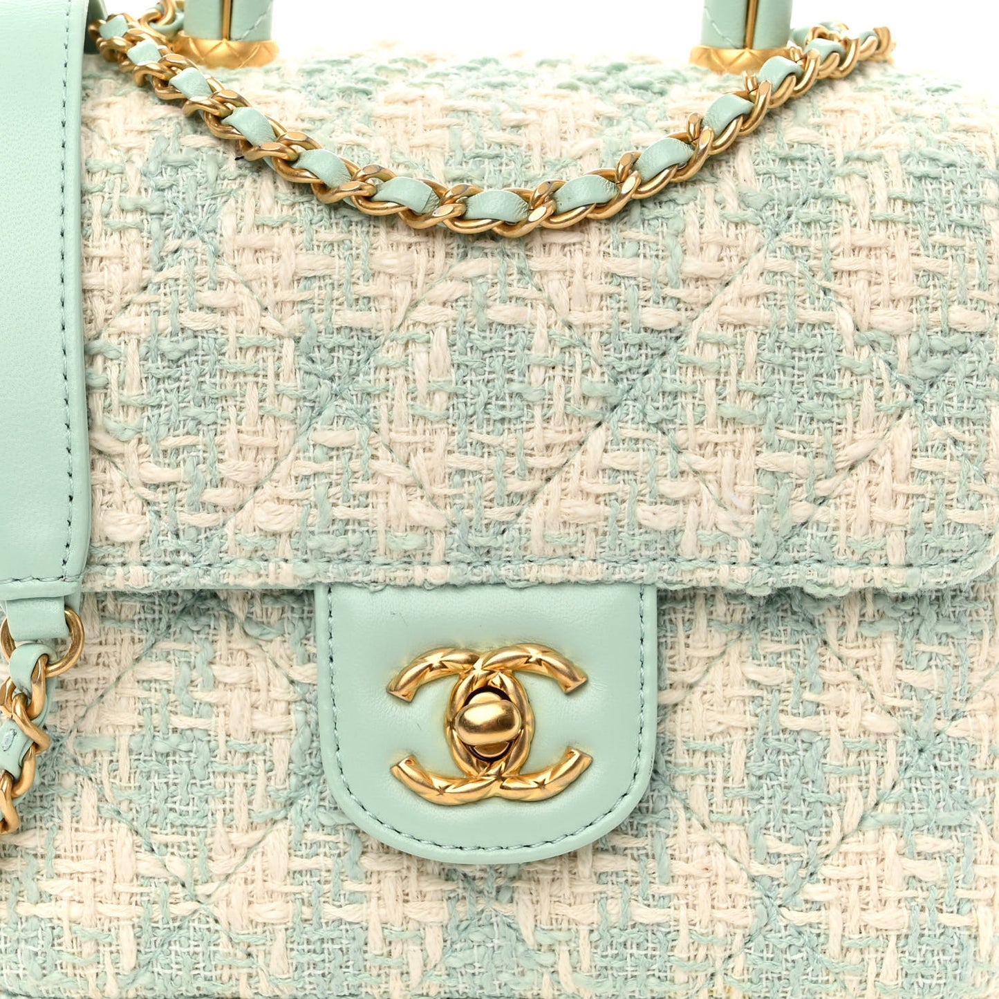 Tweed Handle Crush Top Handle Flap Bag Light Blue Ecru