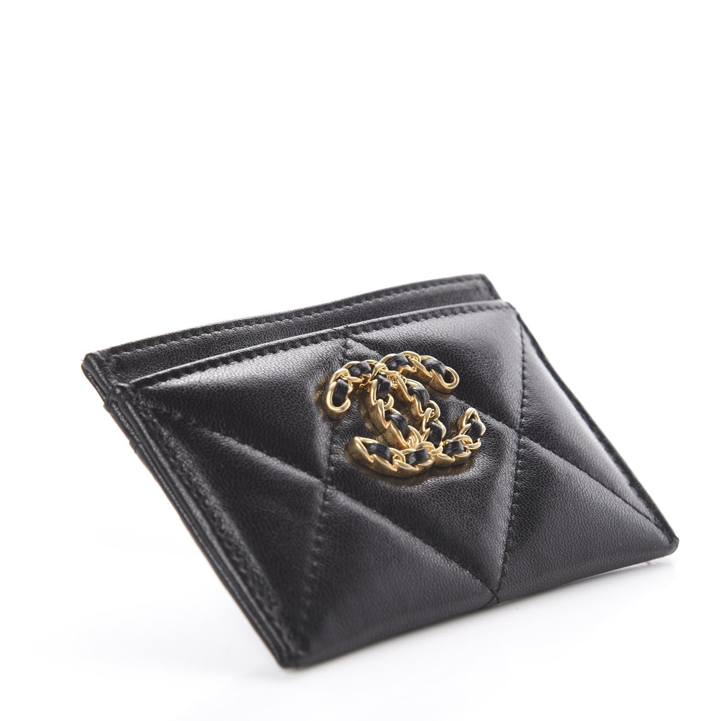 Shiny Goatskin Quilted Chanel 19 Card Holder Black