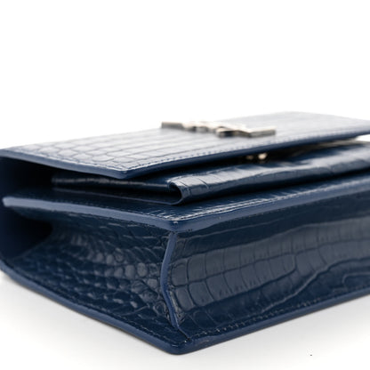 Saint Laurent Calfskin Crocodile Embossed Monogram Sunset Chain Wallet Denim 9 of 11