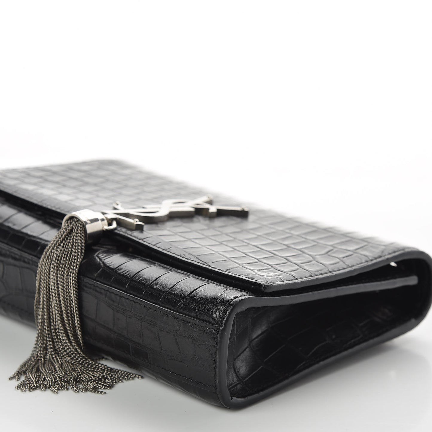 Calfskin Crocodile Embossed Small Classic Monogram Kate Tassel Satchel Black