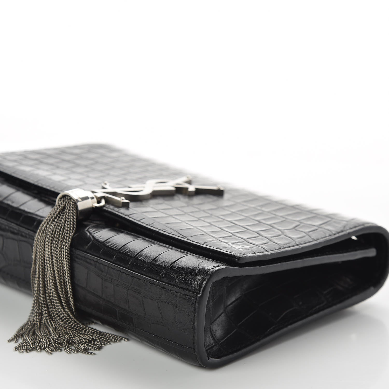 Saint Laurent Calfskin Crocodile Embossed Small Classic Monogram Kate Tassel Satchel Black 6 of 9