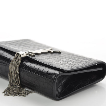 Saint Laurent Calfskin Crocodile Embossed Small Classic Monogram Kate Tassel Satchel Black 6 of 9