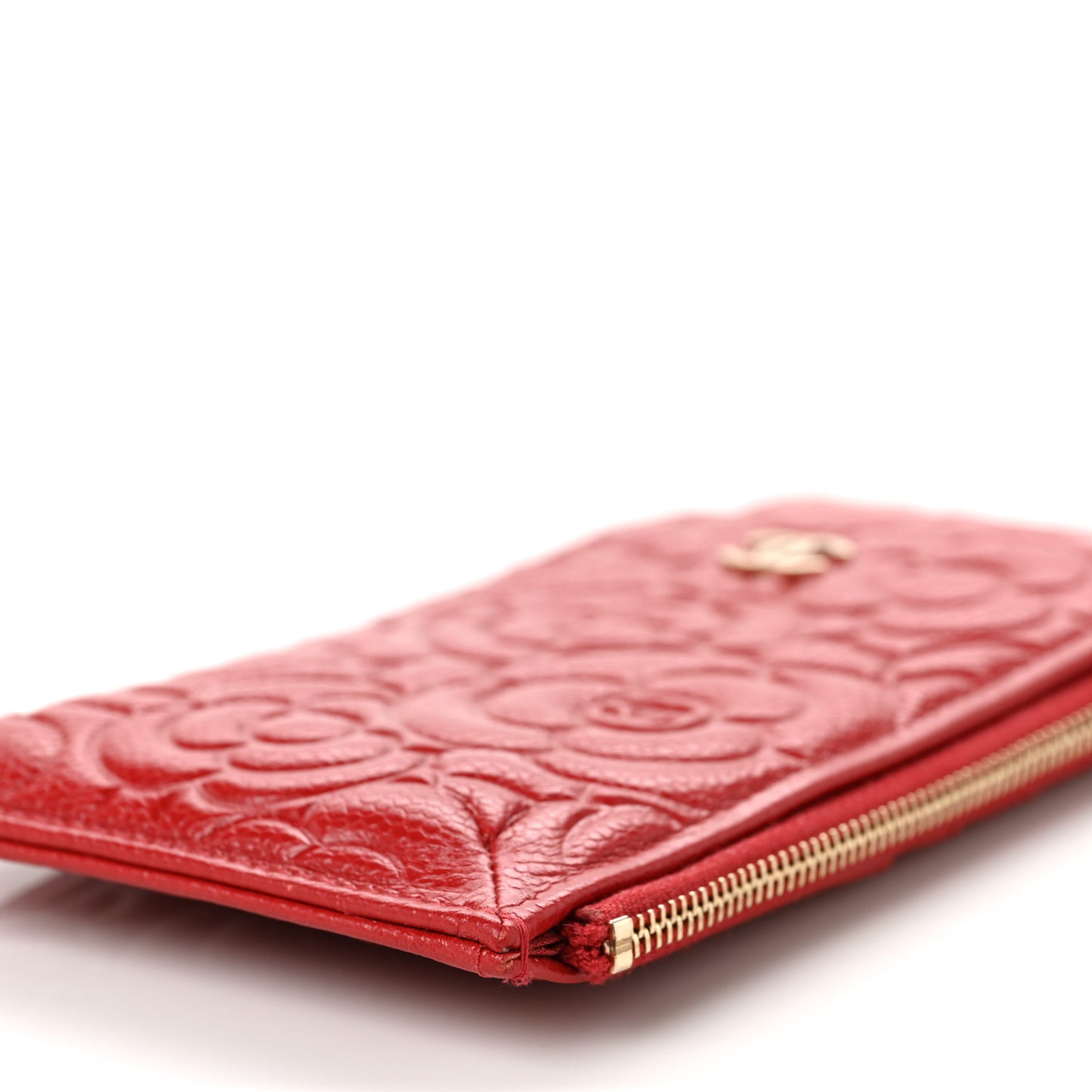 Caviar Camellia Embossed Classic Flat Wallet Pouch Red