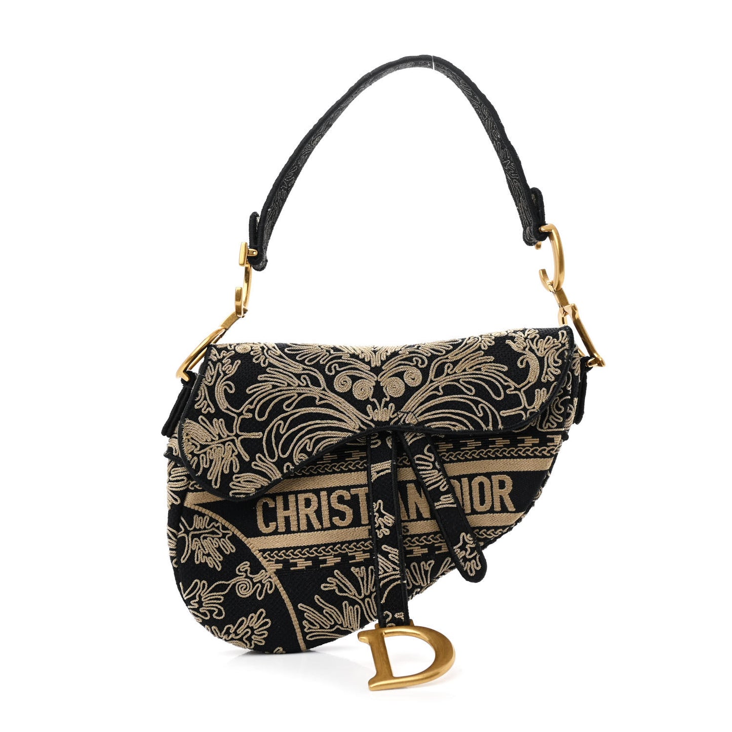Canvas Embroidered Ornamental Cornely Saddle Bag Black Beige