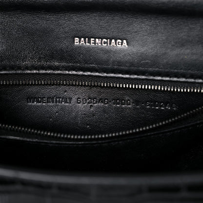 Balenciaga Shiny Calfskin Monochrome Crocodile Embossed Small Hourglass Top Handle Bag Black 7 of 21