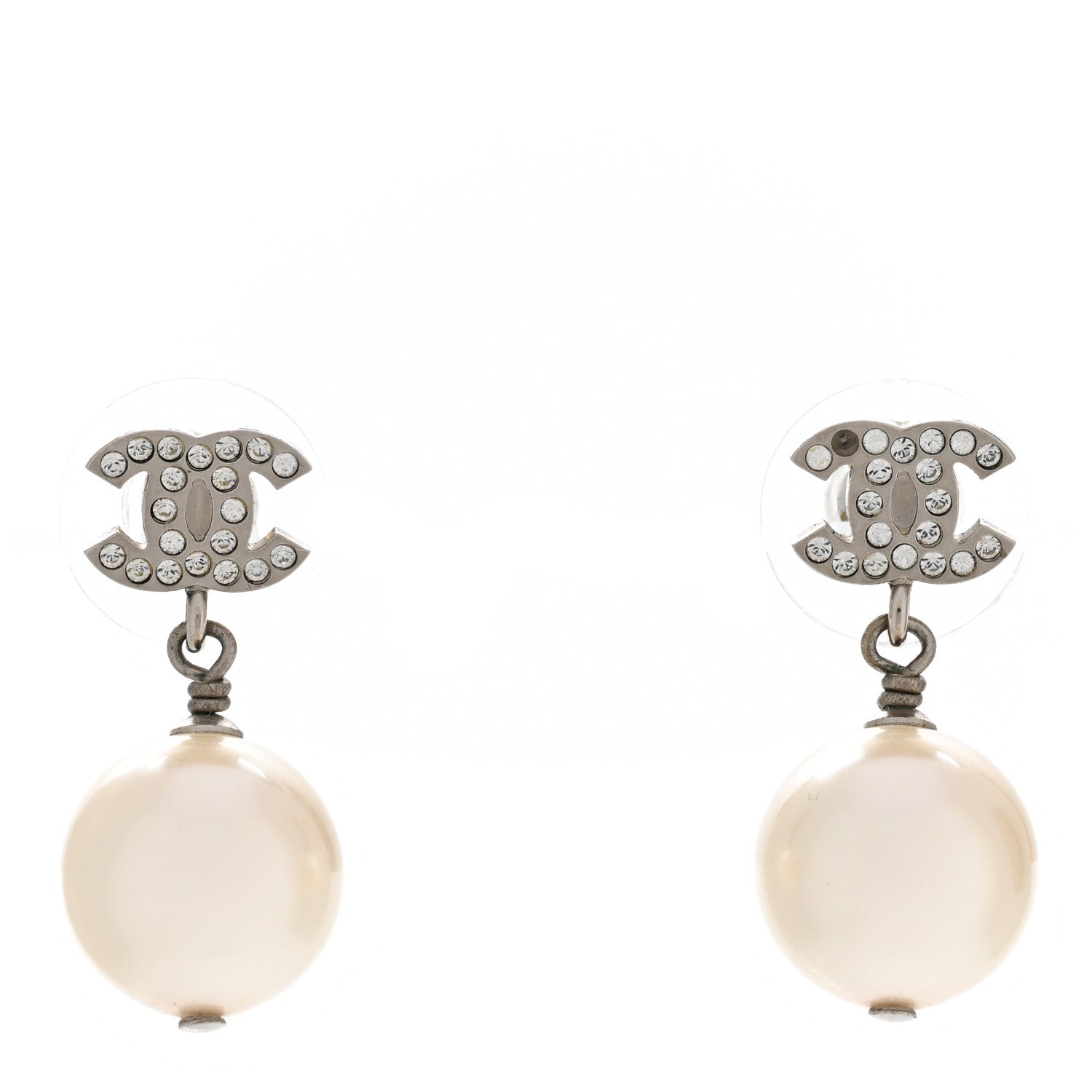 Chanel Crystal Pearl CC Drop Earrings Silver Pearly White 1 of 5