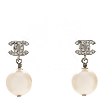 Chanel Crystal Pearl CC Drop Earrings Silver Pearly White 1 of 5