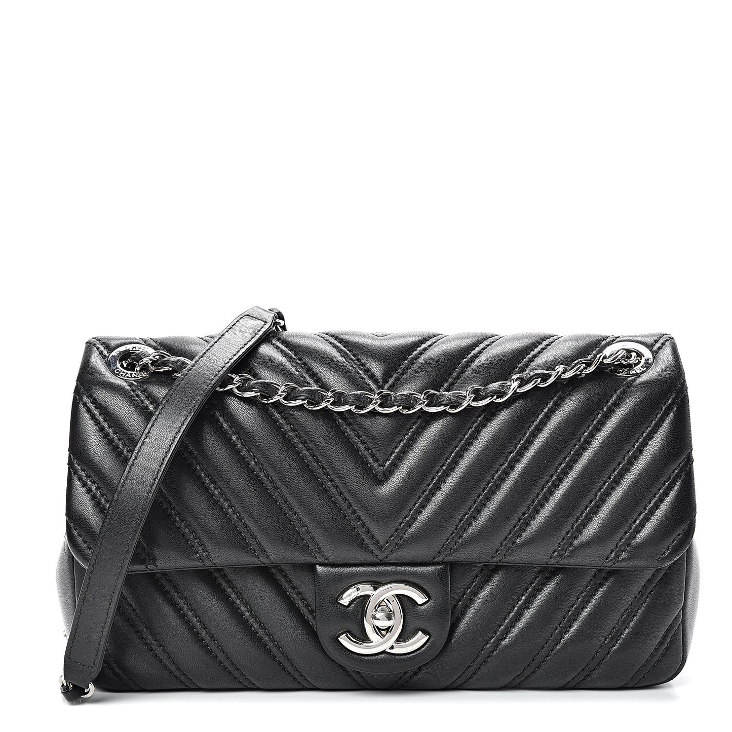 Lambskin Chevron Double Stitch Medium Single Flap Black